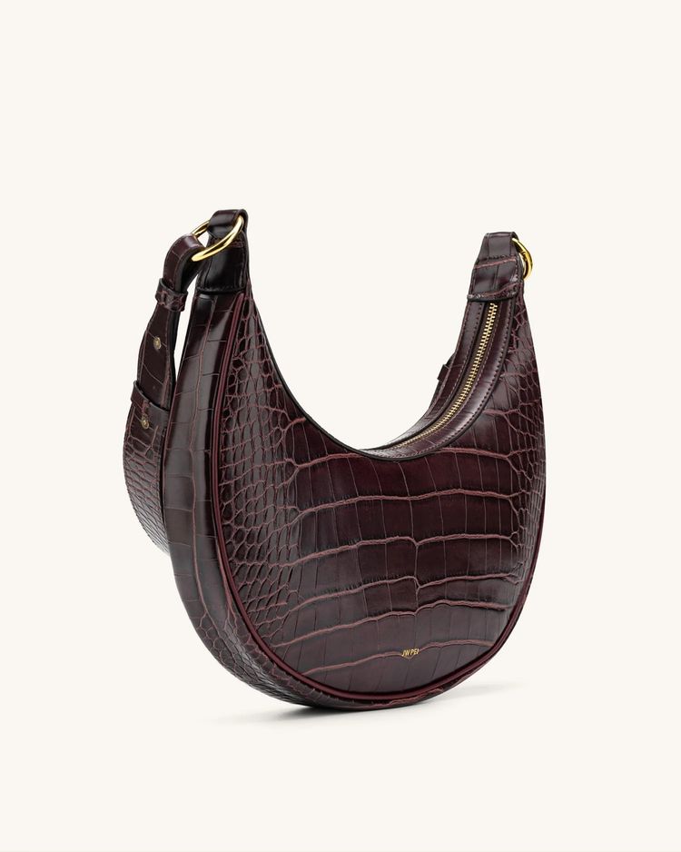 Dark Brown Croc Embossed Crescent Shoulder Bag image 3