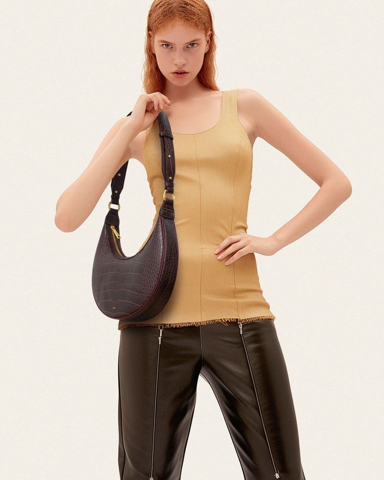 Dark Brown Croc Embossed Crescent Shoulder Bag image 2