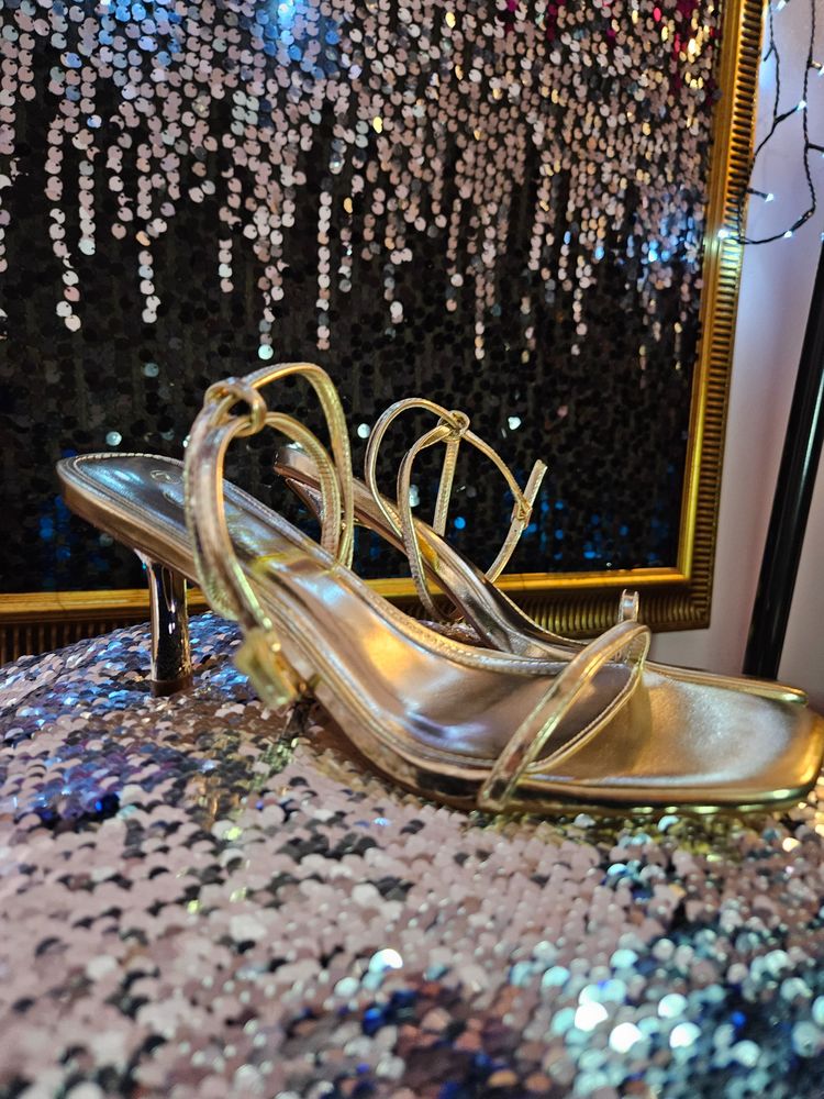Gold Strappy High-Heeled Sandals