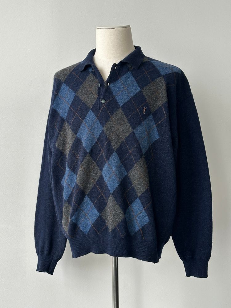 Immagine di Yves Saint Laurent Doorume 1990s Lambswool Argyle Polo Jumper - L 4