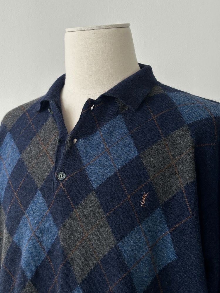 Immagine di Yves Saint Laurent Doorume 1990s Lambswool Argyle Polo Jumper - L 6