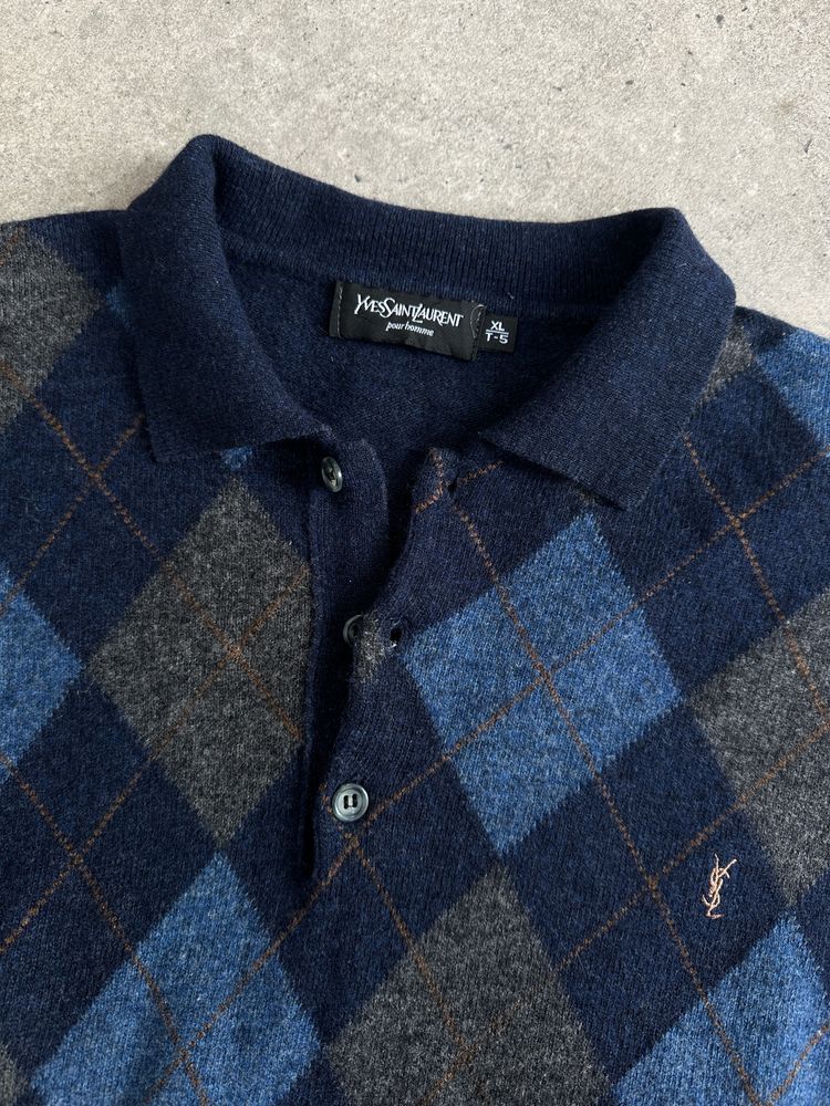 Immagine di Yves Saint Laurent Doorume 1990s Lambswool Argyle Polo Jumper - L 5