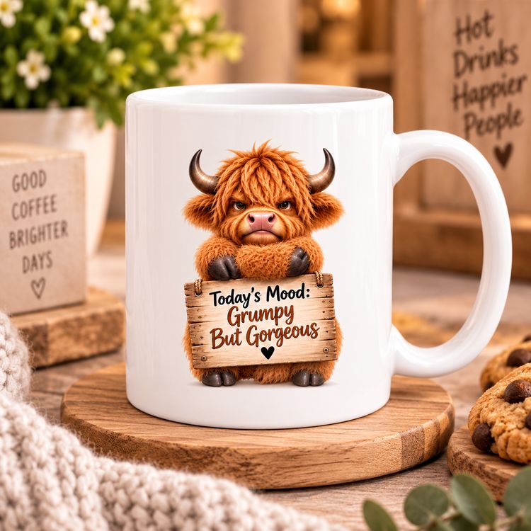 Grumpy But Gorgeous Highland Cow Ceramic Coffee Mug – Funny Sassy Farm Animal Wooden Sign Quote Tea Cup Gift (M1227)