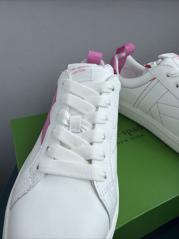 Kate Spade Signature Action Nappa Calf Leather White Pink Uk 6.5 Trainers BNIB image 2
