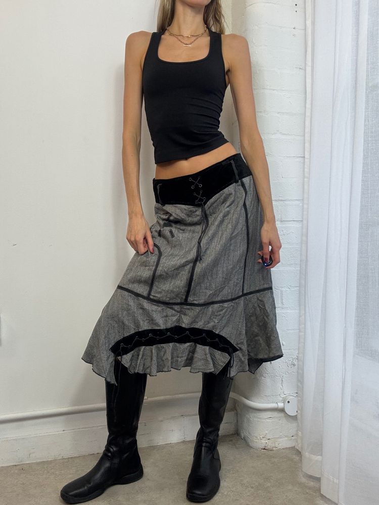Grey Skirt With Black Trim And Velvet Waistband
