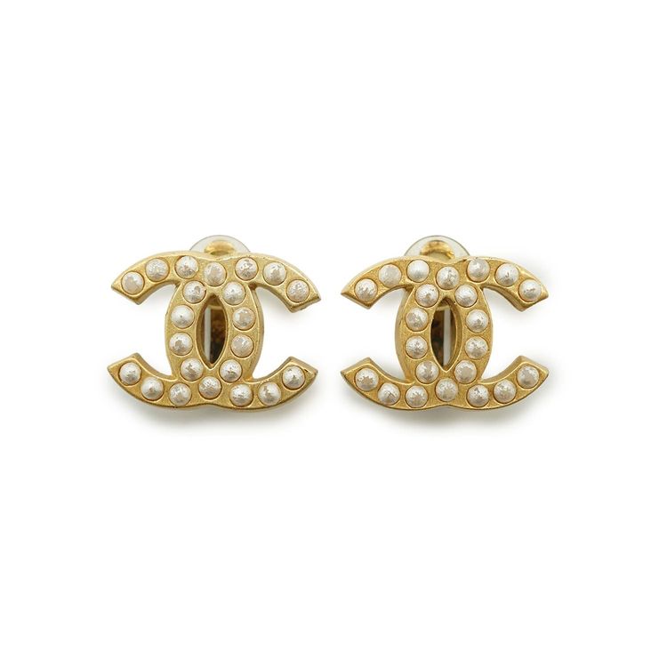 Orecchini Chanel Vintage a clip in metallo dorato con perle finte e logo CC image 1