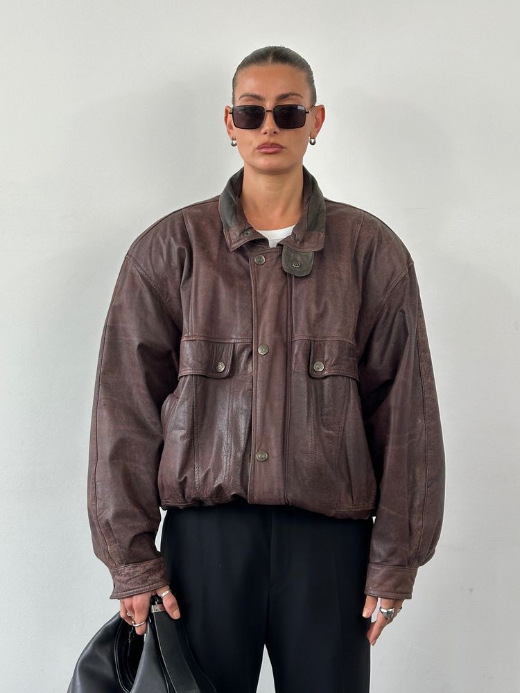 SYLK Vintage High Neck Mottled Leather Bomber Jacket - XL product image