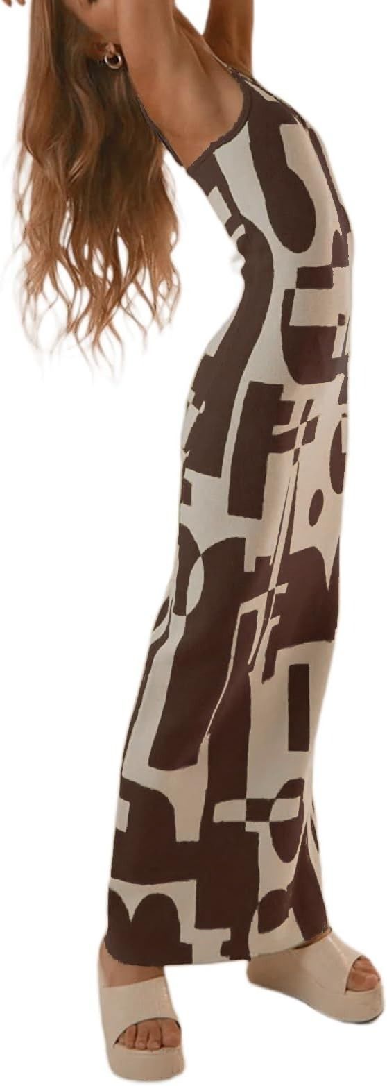 Brown And White Abstract Print Maxi Dress