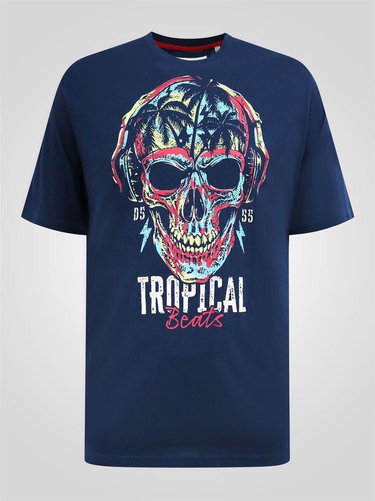 D555 LINTON- Tropical Skull Printed Crew Neck T-Shirt For Men in Navy, 2XL-8XL image 5