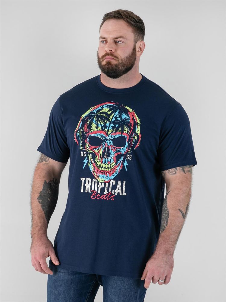 D555 LINTON- Tropical Skull Printed Crew Neck T-Shirt For Men in Navy, 2XL-8XL image 4