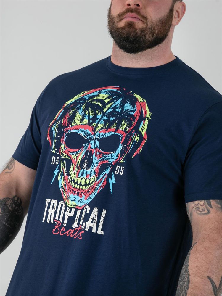 D555 LINTON- Tropical Skull Printed Crew Neck T-Shirt For Men in Navy, 2XL-8XL image 7