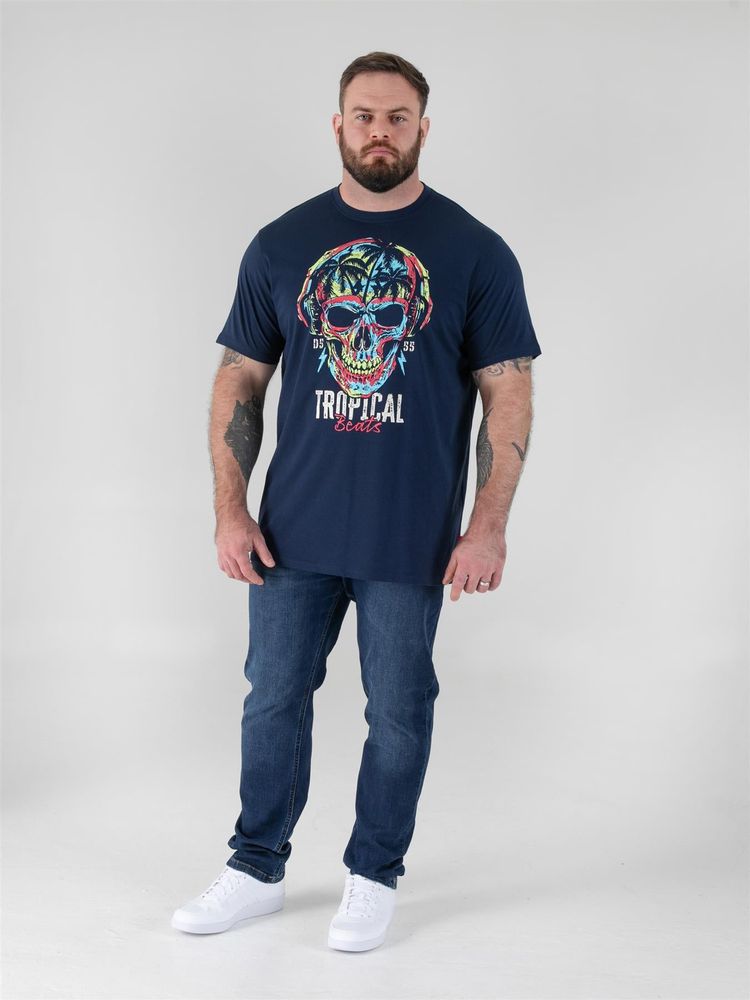 D555 LINTON- Tropical Skull Printed Crew Neck T-Shirt For Men in Navy, 2XL-8XL image 8