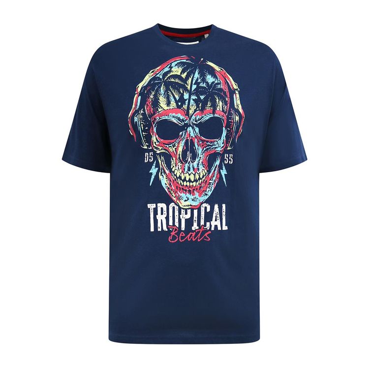 D555 LINTON- Tropical Skull Printed Crew Neck T-Shirt For Men in Navy, 2XL-8XL image 1