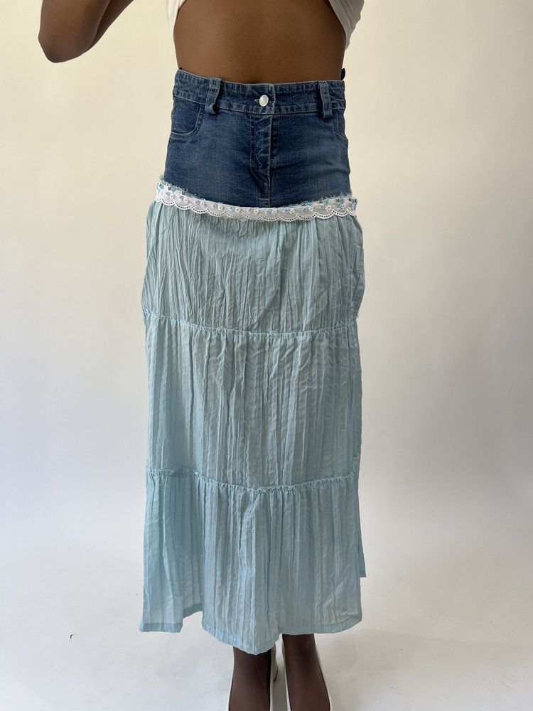 aquamarine drop | small blue denim and baby blue maxi skirt