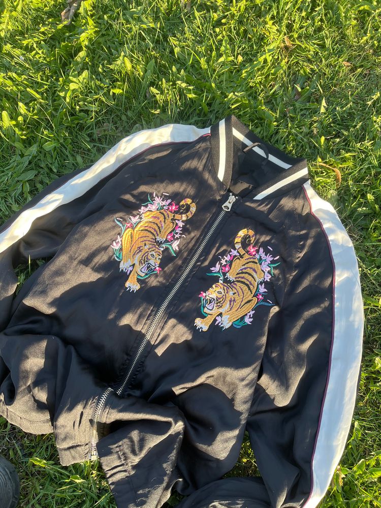 Black Bomber Jacket Like Ed Hardy opium skate alt swag windbreaker style japan obraz 3