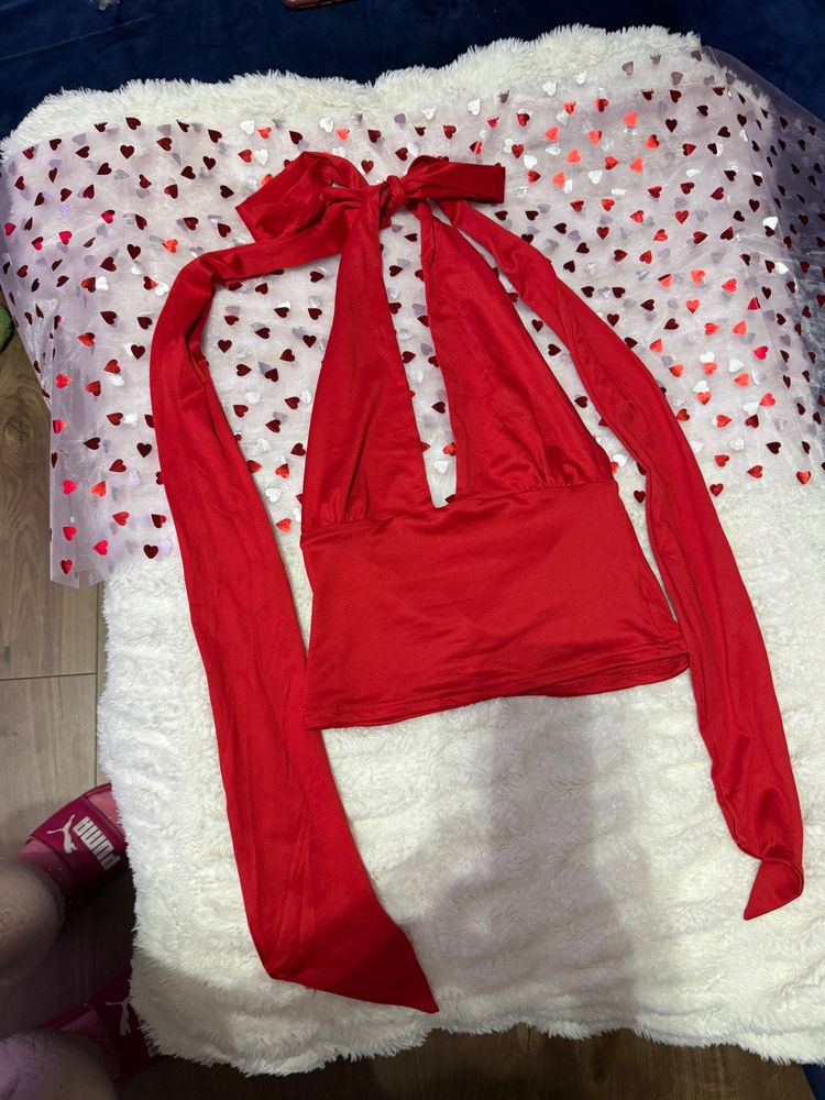 Red Halter Top With Long Ties