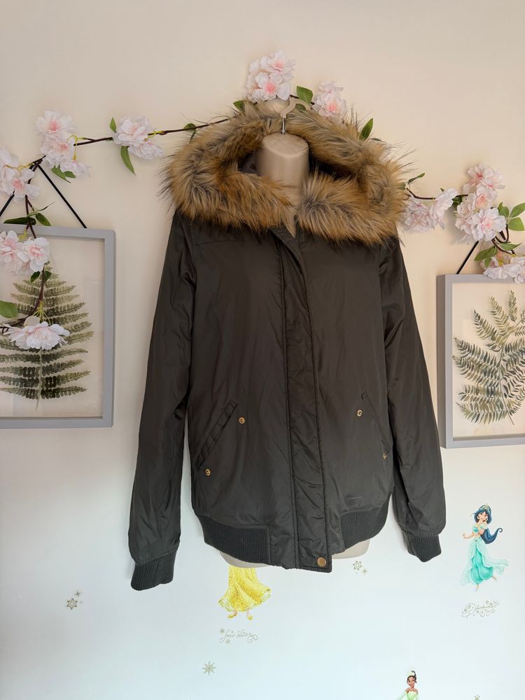 Dorothy Perkins Dorothy Perkins y2k bomber jacket dark green  with faux fur hood product image