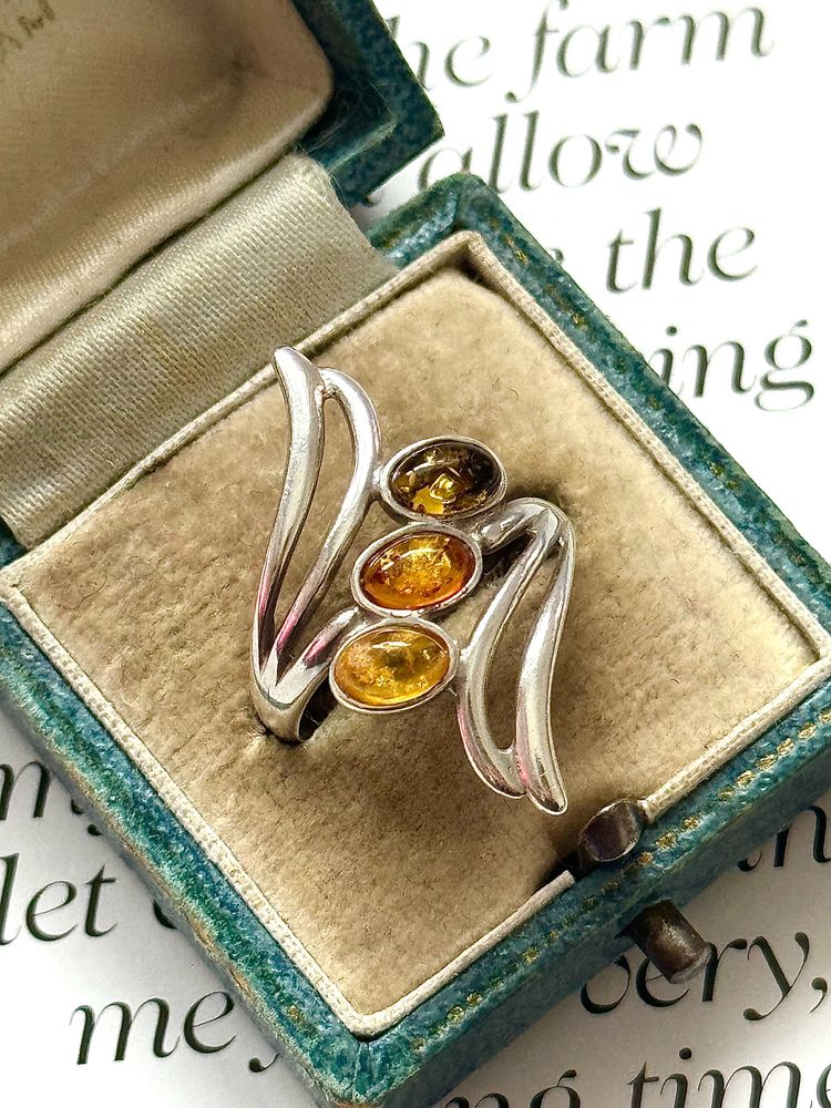 Vintage Sterling Silver Baltic Amber Bypass Ring - Triple Cabochon Honey Stone Wave Design - Size N