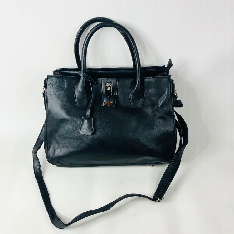 David Jones Black Faux Leather Satchel Handbag Tote Padlock Detail & Long Strap 13