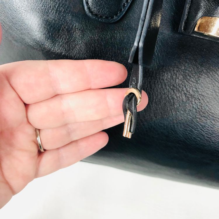 David Jones Black Faux Leather Satchel Handbag Tote Padlock Detail & Long Strap 6