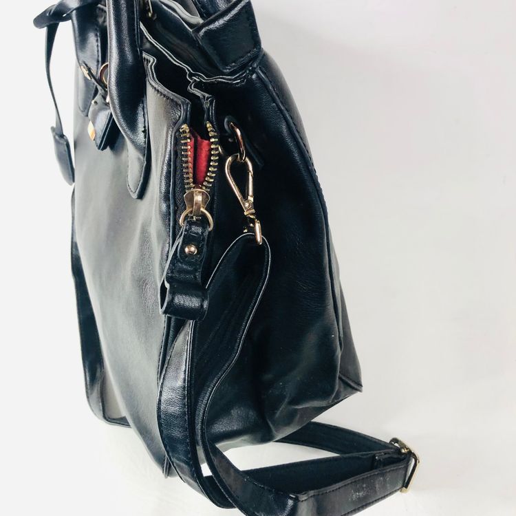 David Jones Black Faux Leather Satchel Handbag Tote Padlock Detail & Long Strap 4