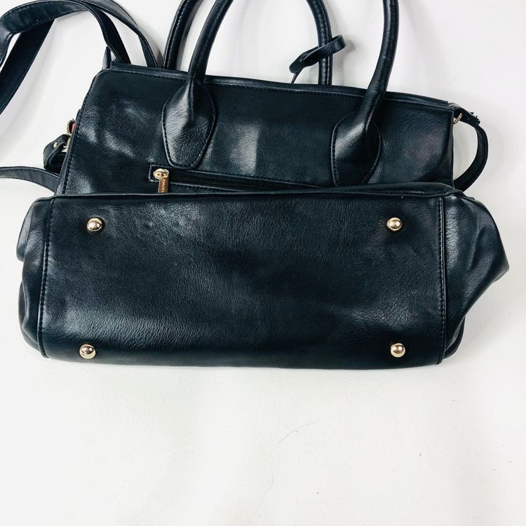 David Jones Black Faux Leather Satchel Handbag Tote Padlock Detail & Long Strap 20