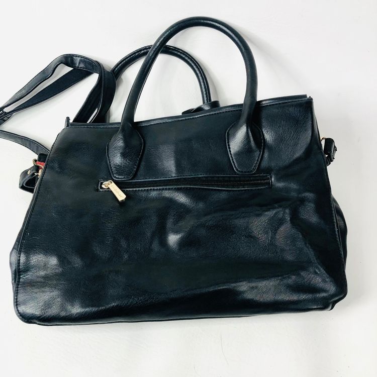 David Jones Black Faux Leather Satchel Handbag Tote Padlock Detail & Long Strap 5
