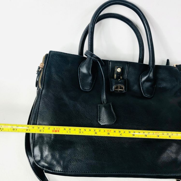 David Jones Black Faux Leather Satchel Handbag Tote Padlock Detail & Long Strap 10
