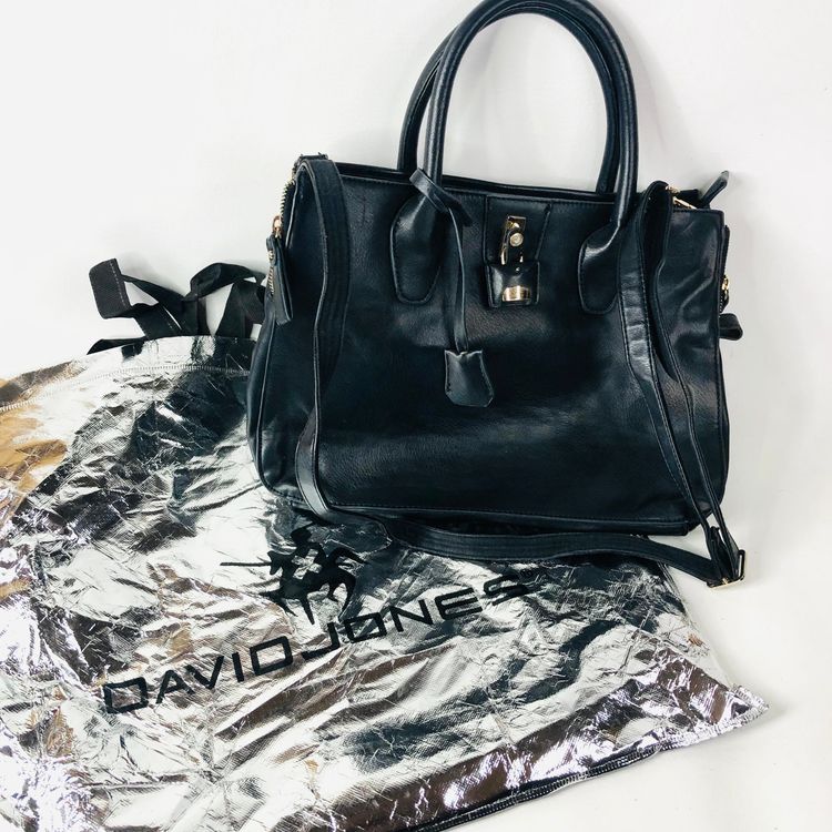 David Jones Black Faux Leather Satchel Handbag Tote Padlock Detail & Long Strap 15