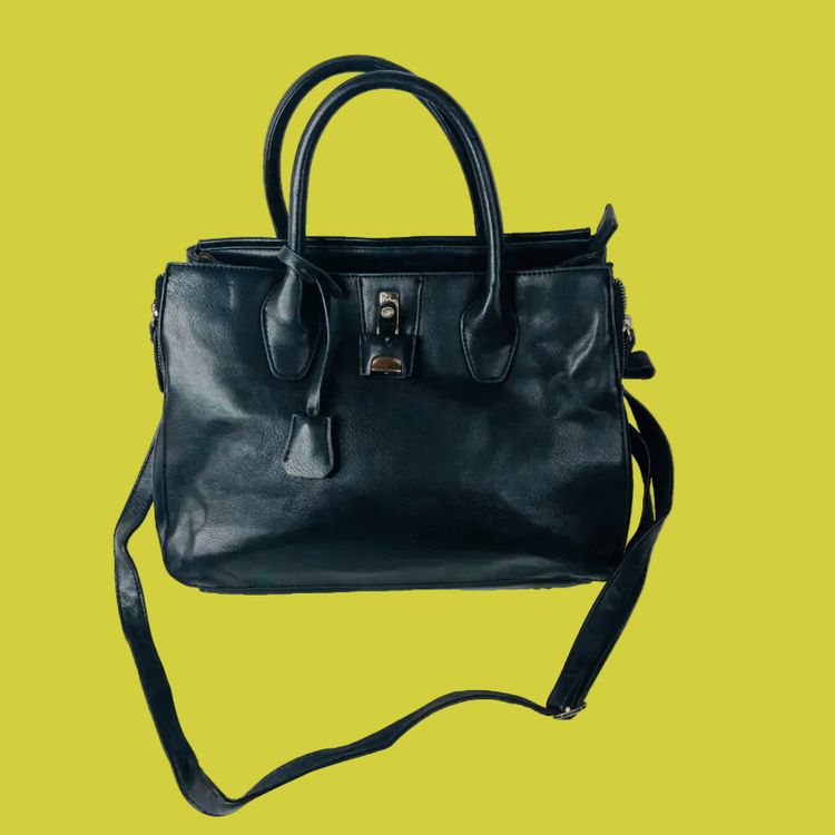 David Jones Black Faux Leather Satchel Handbag Tote Padlock Detail & Long Strap 1