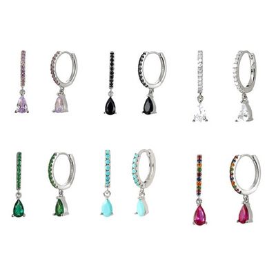 Purple Silver Hoop Earrings With Colored Gemstone Drops