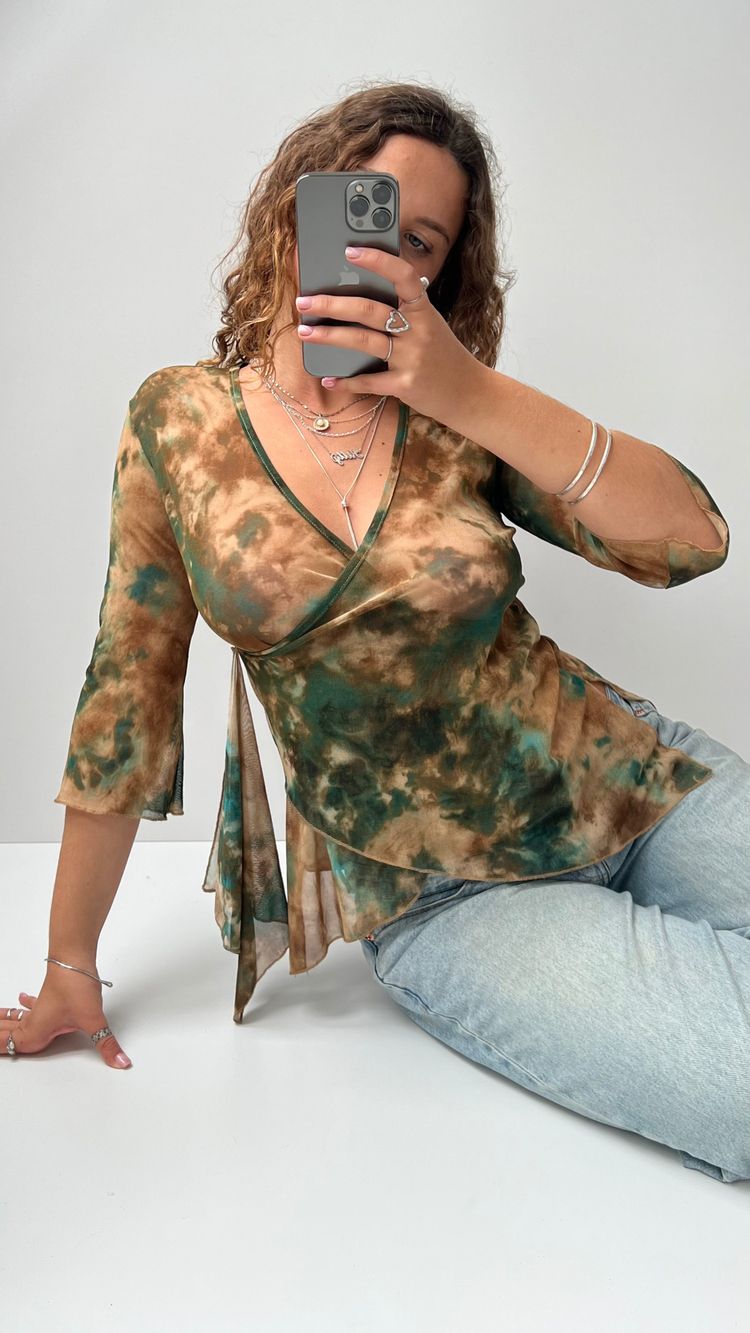 Unknown 00s green beige mesh long sleeve top- size L product image