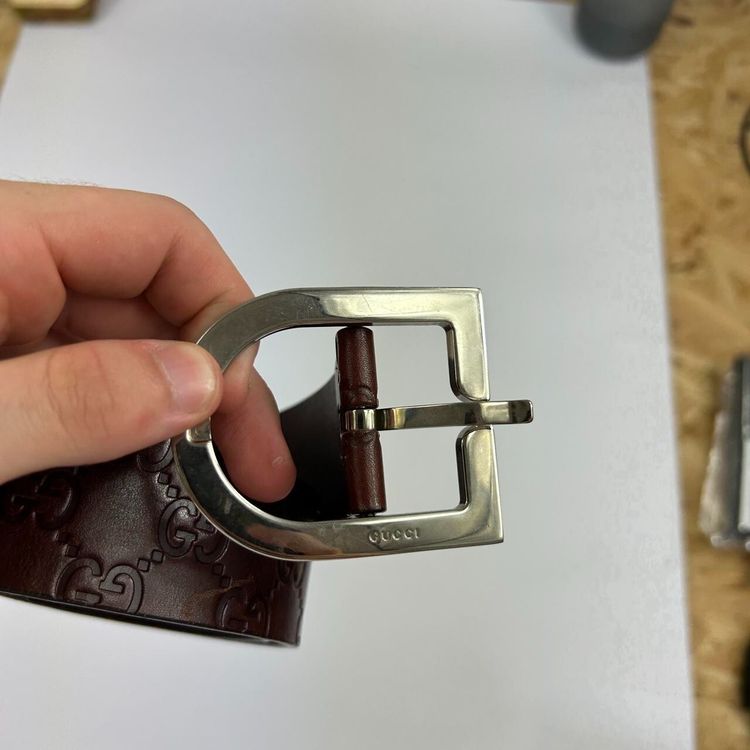 Gucci Brown/Silver Monogram Leather Belt image 2