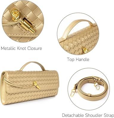 Gold Woven Clutch Bag With Detachable Shoulder Strap obraz 2