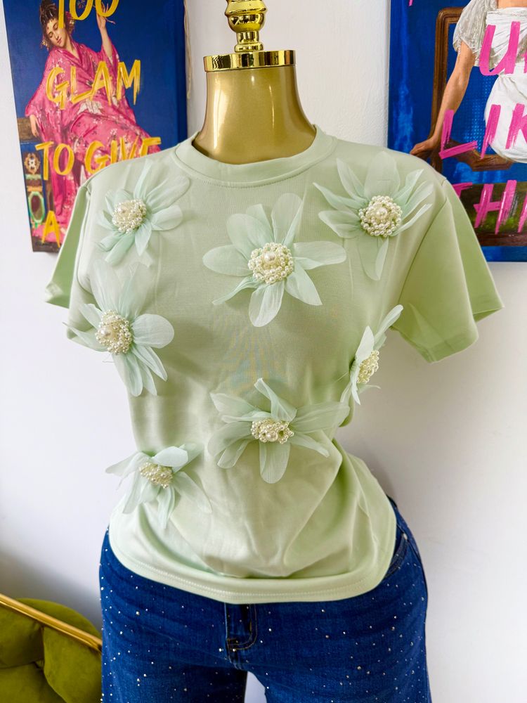 Green Floral Embellished T-Shirt