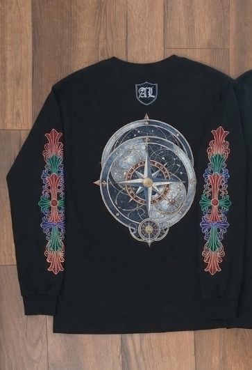 Black Long Sleeve Shirt With Celestial And Colorful Sleeve Designs