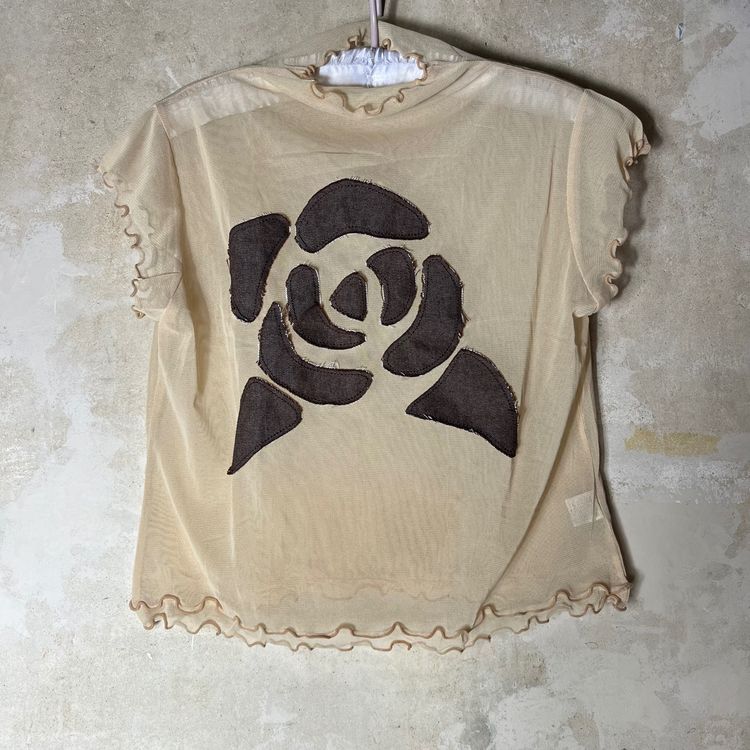 Beige Sheer Top With Black Rose Design