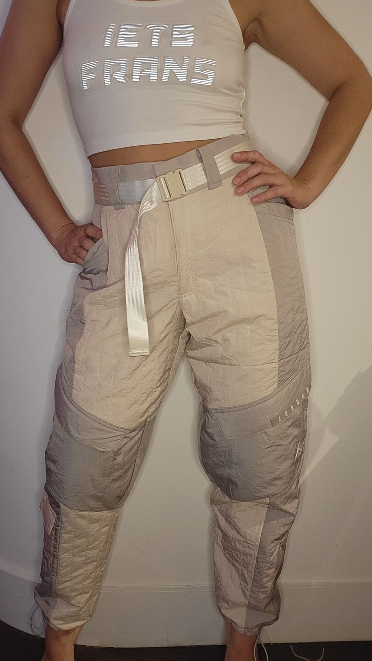 Cream and grey Patchwork Pants With Belt image 2