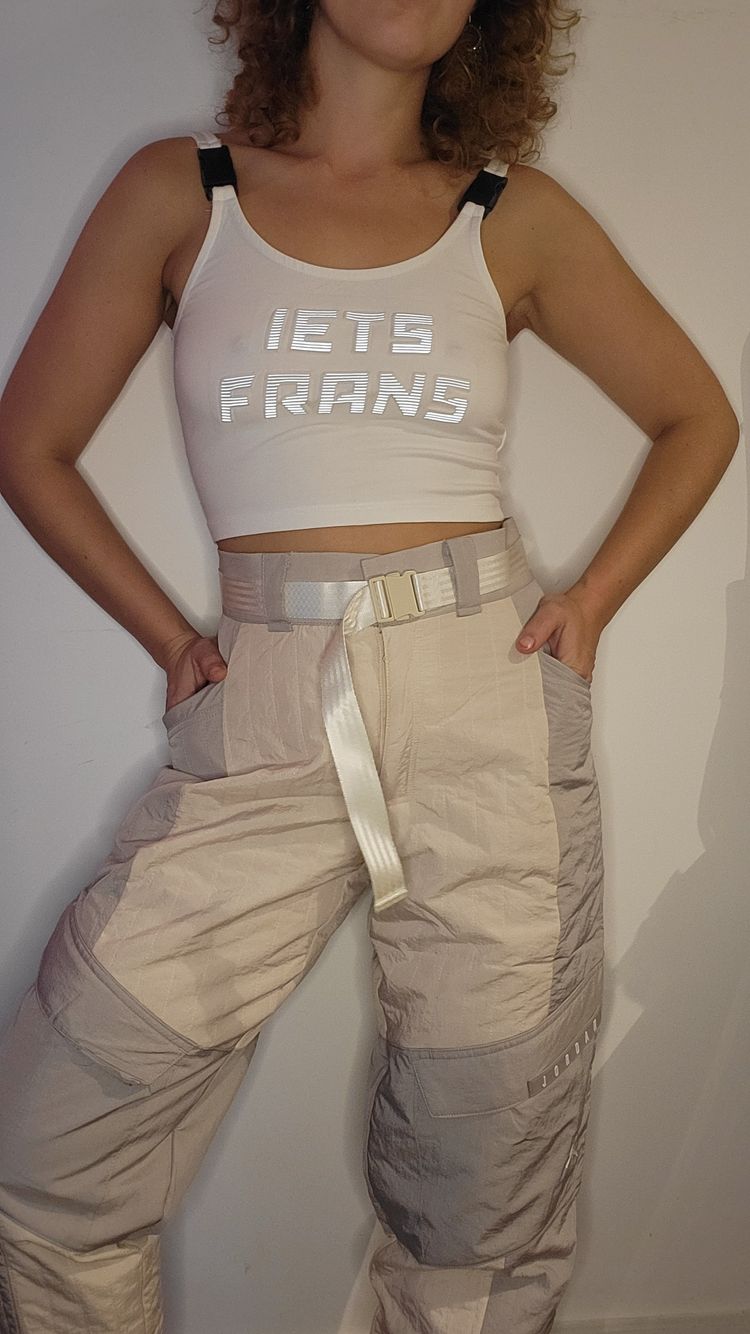 Cream and grey Patchwork Pants With Belt image 4