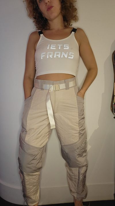 Cream and grey Patchwork Pants With Belt