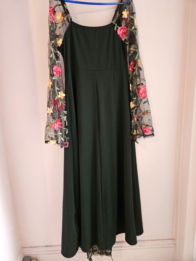 Black Dress With Floral Embroidered Mesh Sleeves