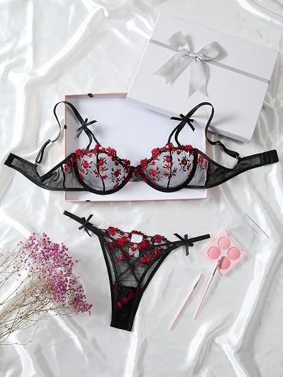 Black And Red Floral Lace Lingerie Set image 4