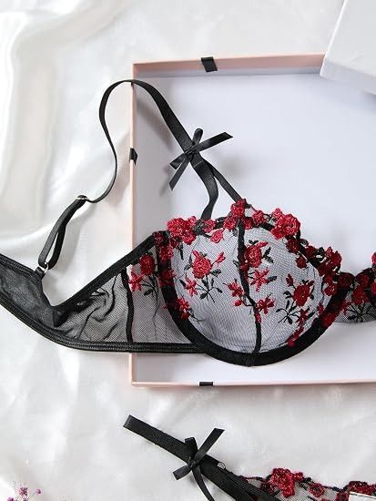 Black And Red Floral Lace Lingerie Set image 3