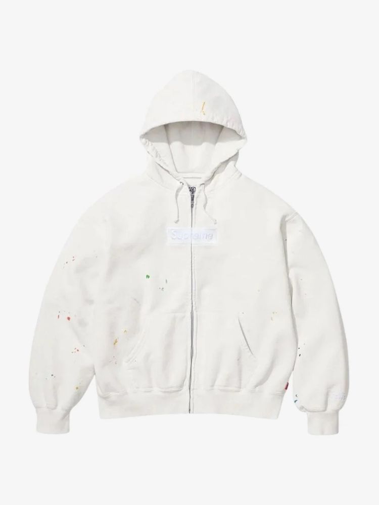 White Zip-Up Hoodie With Paint Splatter