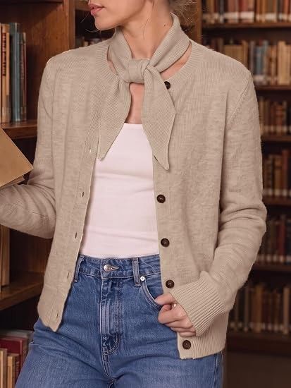 Beige Button-Up Cardigan With Neck Tie image 1