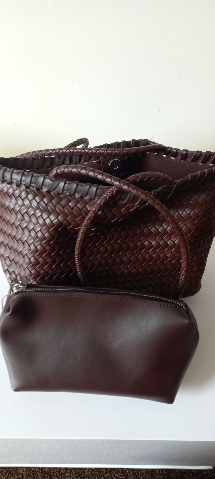 Brown Woven Handbag With Small Pouch image 1