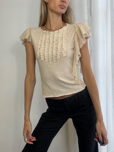 Cream Ruffled Short Sleeve Top