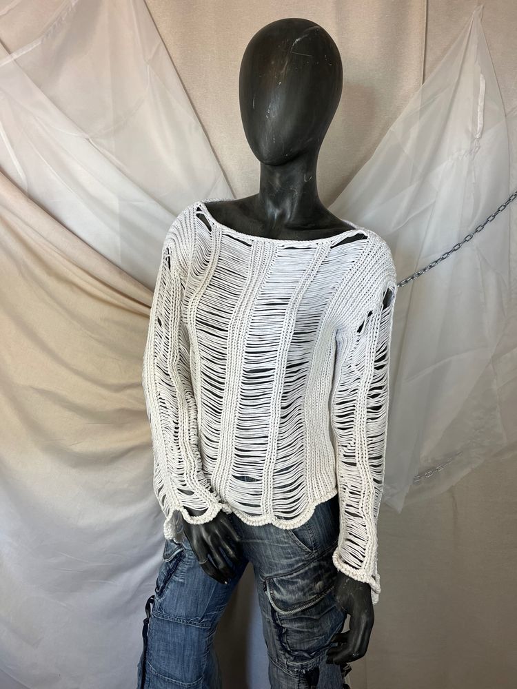 White Distressed Knit Sweater