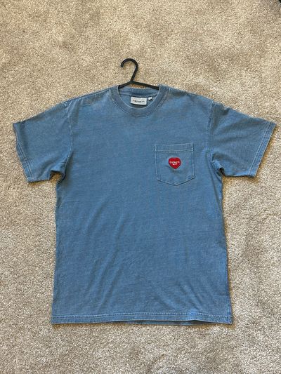 Blue Denim IngoT-Shirt With Chest Pocket And Red Heart Patch logo