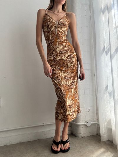 Brown Paisley Midi Slip Dress